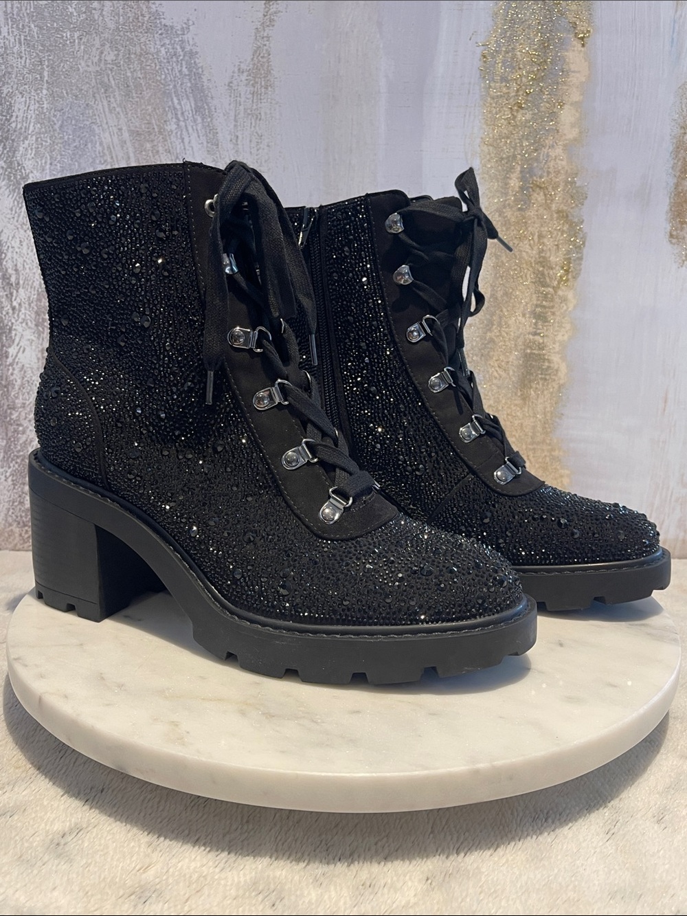 INC Women's Black Embellished Lace-Up Black Bling Boots
